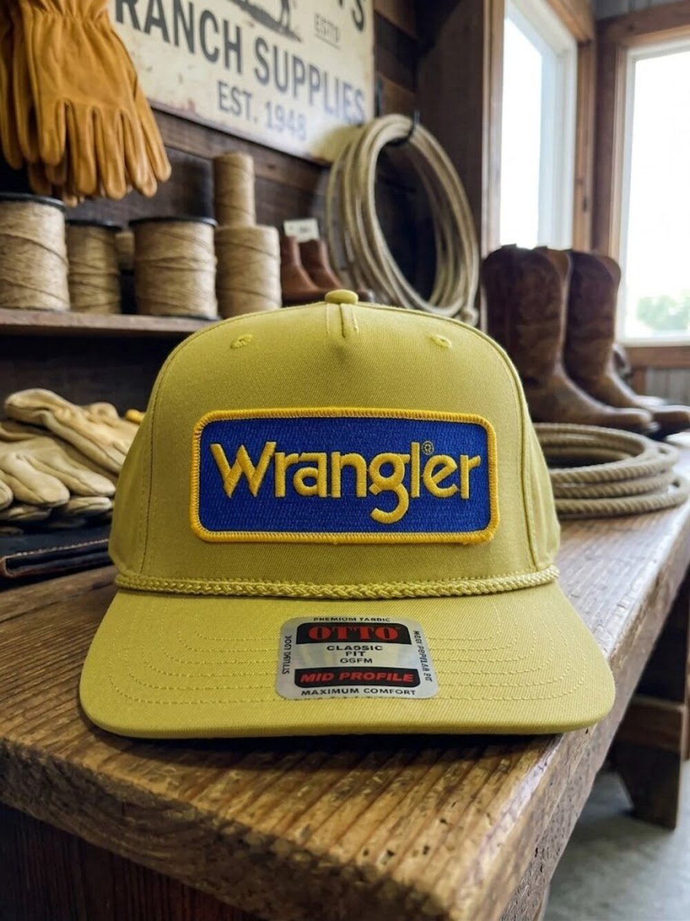 Wrangler Western Denim Embroidered Patch Yellow OTTO Rope Snapback Hat New Retro